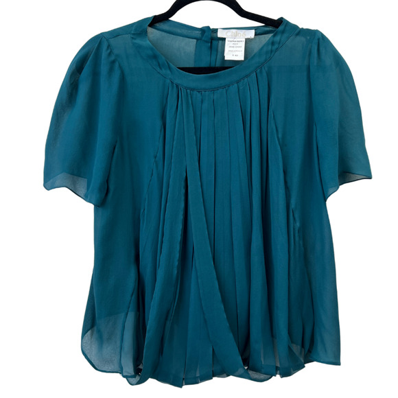 Chloe Top Size 42 US 6 Green Short Sleeve Pleated Gathered Chiffon Sheer Blouse - Picture 1 of 6